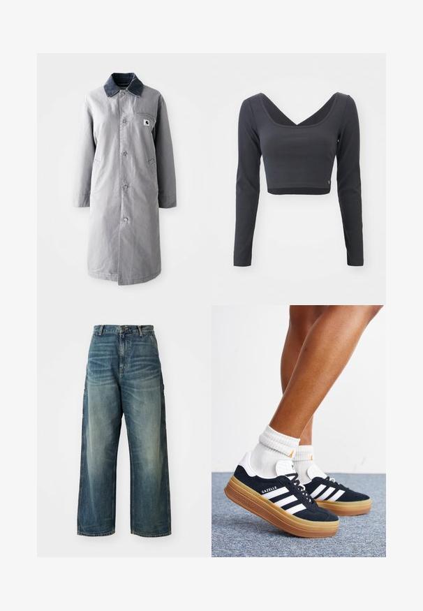 Grå lang frakke lavet af slidstærkt stof med en kord-fløjlskrage, frontknapper, to sidelommer og en brystlomme med et logo-patch.; Langærmet, cropped top i mørkegrå ribbet stof. Har en dyb V-halsudskæring og ensfarvet med et lille logo ved sømmen.; Bredde ben denim jeans i en falmet blå vask. Har en knaplukning, fem lommer og synlige sømme. Materialet har en glat tekstur.; Ben iført hvide sokker og sorte Adidas Gazelle sneakers med hvide striber og tykke brune såler på et gråt tæppe.
