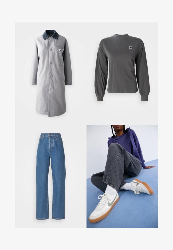 Grau langer Mantel aus strapazierfähigem Stoff mit einem Cordkragen, Vorderknöpfen, zwei Seitentaschen und einer Brusttasche mit einem Logo-Patch.; Langärmliges graues T-Shirt aus Baumwolle, mit rundem Ausschnitt und elastischen Bündchen, mit einem kleinen quadratischen Logo auf der Brust.; Hoch taillierte, gerade geschnittene blaue Jeans mit einem verblassten Finish. Besitzt fünf Taschen, einen Knopfverschluss und dezente Nähte.; Weiße Nike-Sneaker mit grauen Akzenten, Gummisohle, getragen mit weißen Socken. Dunkelgraue, leicht verwaschene, weit geschnittene Jeans. Blauer Hintergrund.