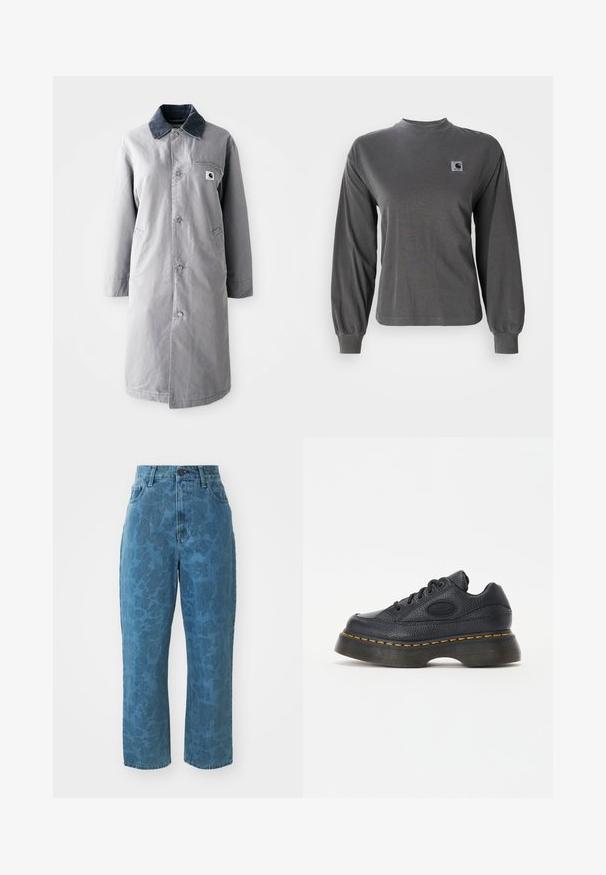 Manteau long gris en tissu résistant avec un col en velours côtelé, des boutons devant, deux poches latérales et une poche poitrine avec un patch logo.; T-shirt à manches longues gris en coton, avec un col rond et des poignets élastiques, arborant un petit logo carré sur la poitrine.; Jean en denim bleu clair avec une texture à motif subtil, taille haute et coupe droite. Doté d'une fermeture à bouton et à glissière à l'avant.; Baskets en cuir noir avec finition texturée, bout rond et semelle épaisse. Comprend des coutures accentuées en jaune et un logo de marque sur le côté.
