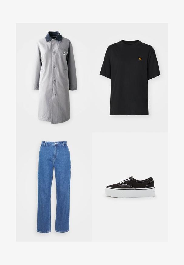 Grå lang frakke lavet af slidstærkt stof med en kord-fløjlskrage, frontknapper, to sidelommer og en brystlomme med et logo-patch.; Sort bomulds T-shirt med en afslappet pasform. Har en rund halsudskæring og korte ærmer. Inkluderer et lille guld broderet logo på brystet.; Blå denim bukser med høj talje og lige ben, der har en frontknaplukning og sidelommer. Glat tekstur uden synlige mønstre.; Sort lærred sneakers med en hvid gummi platform sål, der har hvide snørebånd og syninger, ikonisk branding på siden, lav-top design.