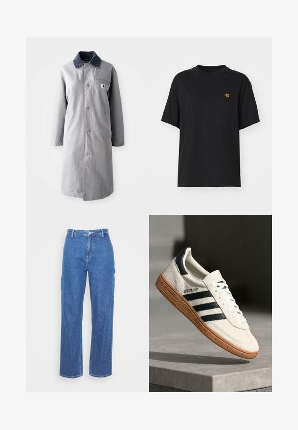 Grå lang frakke lavet af slidstærkt stof med en kord-fløjlskrage, frontknapper, to sidelommer og en brystlomme med et logo-patch.; Sort bomulds T-shirt med en afslappet pasform. Har en rund halsudskæring og korte ærmer. Inkluderer et lille guld broderet logo på brystet.; Blå denim bukser med høj talje og lige ben, der har en frontknaplukning og sidelommer. Glat tekstur uden synlige mønstre.; Hvide ruskinds sneakers med marineblå striber, gummisål, struktureret overdel, rund tå og snøring; har branding på siden og tungen.