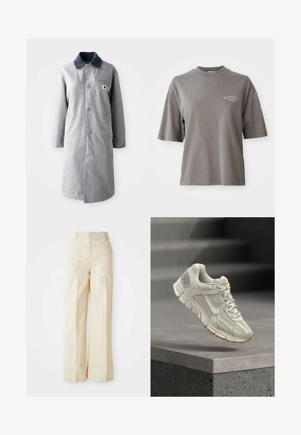 Grå lang frakke lavet af slidstærkt stof med en kord-fløjlskrage, frontknapper, to sidelommer og en brystlomme med et logo-patch.; Grå bomulds T-shirt med korte ærmer, rund hals og et lille Carhartt WIP-logo trykt på fronten. Glat tekstur, afslappet pasform.; Beige vidde bukser med høj talje, fremstillet af et glat stof og med fint pressede forkantfolder, sat mod en ensfarvet hvid baggrund.; Lys beige løbesko med mesh-overdel, blød foring, gummisål og brune accenter. Har et markant side swoosh-logo og teksturerede paneler.