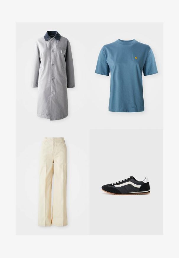 Grau langer Mantel aus strapazierfähigem Stoff mit einem Cordkragen, Vorderknöpfen, zwei Seitentaschen und einer Brusttasche mit einem Logo-Patch.; Hellblaues Baumwoll-T-Shirt mit kurzen Ärmeln und geripptem Rundhalsausschnitt. Verfügt über ein kleines gelbes Logo auf der linken Brust für Detail.; Beige weit geschnittene Hose mit hoher Taille, aus glattem Stoff und ordentlich gebügelten Vorderfalten, vor einem schlichten weißen Hintergrund.; Schwarzer Sportschuh mit Obermaterial aus Wildleder und Textil, weißen Akzenten, sechs Ösen und Gummisohle. Schlanker Schnitt mit niedrigem Profil.