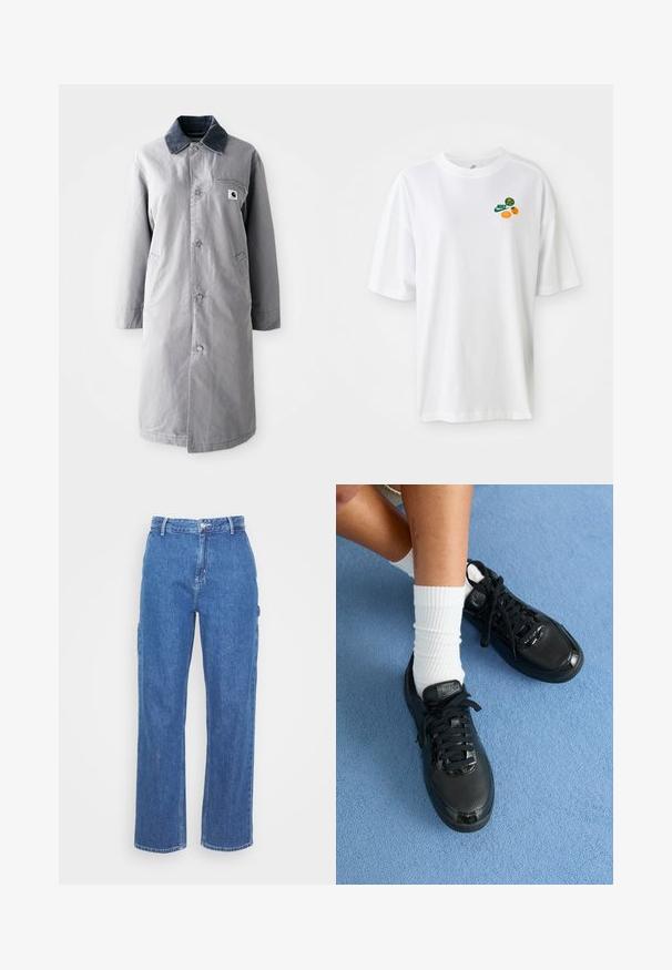 Grå lang frakke lavet af slidstærkt stof med en kord-fløjlskrage, frontknapper, to sidelommer og en brystlomme med et logo-patch.; Hvid bomulds t-shirt med korte ærmer, rund hals og tre farverige logoer: Nike og to cirkulære designs i grøn og orange.; Blå denim bukser med høj talje og lige ben, der har en frontknaplukning og sidelommer. Glat tekstur uden synlige mønstre.; Sorte Nike sneakers har en struktureret overdel, blanke detaljer og runde snørebånd. De er parret med hvide ribbede sokker på en lyseblå overflade.