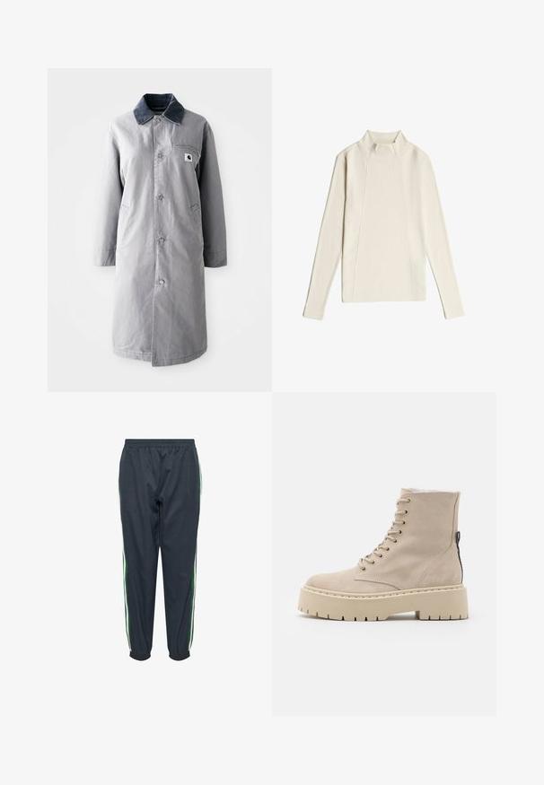Grau langer Mantel aus strapazierfähigem Stoff mit einem Cordkragen, Vorderknöpfen, zwei Seitentaschen und einer Brusttasche mit einem Logo-Patch.; Cremfarbener, langärmeliger, gerippter Pullover mit Mock-Neck und vertikalen Nahtdetails auf der Vorder- und Rückseite.; Marineblaue Trainingshose mit elastischem Bund und Bündchen, mit weißen und grünen Seitenstreifen, auf weißem Hintergrund dargestellt.; Beige Wildleder-Stiefelette mit Plattformsohle, Schnürung vorne und einem seitlichen Reißverschluss. Verfügt über gestickte Details und eine strukturierte Sohle.