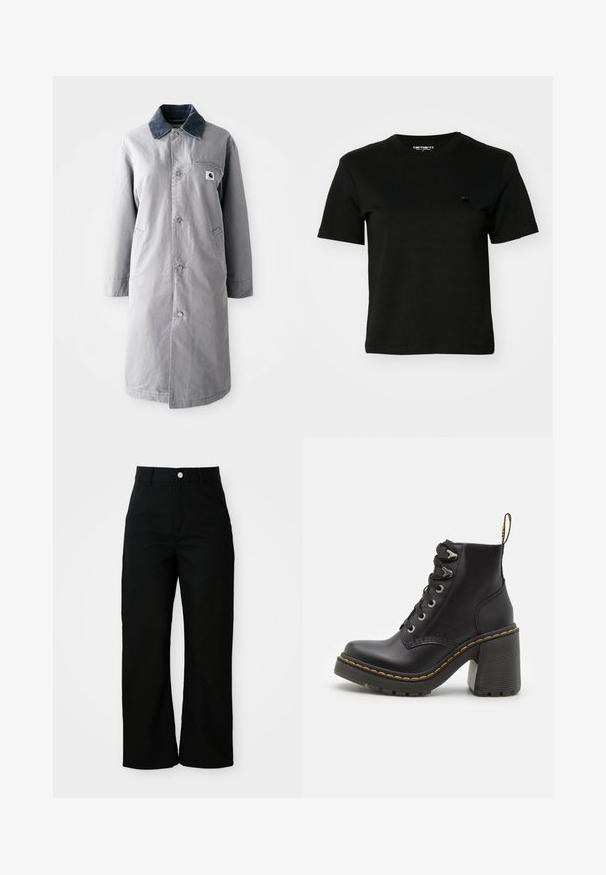 Manteau long gris en tissu résistant avec un col en velours côtelé, des boutons devant, deux poches latérales et une poche poitrine avec un patch logo.; T-shirt noir en coton. Manches courtes et col rond. Présente un petit logo sombre sur la poitrine gauche. Design simple et classique.; Pantalons noirs taille haute, coupe droite avec poches avant, passants de ceinture et fermeture à bouton argenté sur un fond blanc.; Bottine en cuir noir avec un talon haut chunky, un laçage à l'avant, des œillets en métal et une couture jaune le long de la semelle. Semelle en caoutchouc texturé.