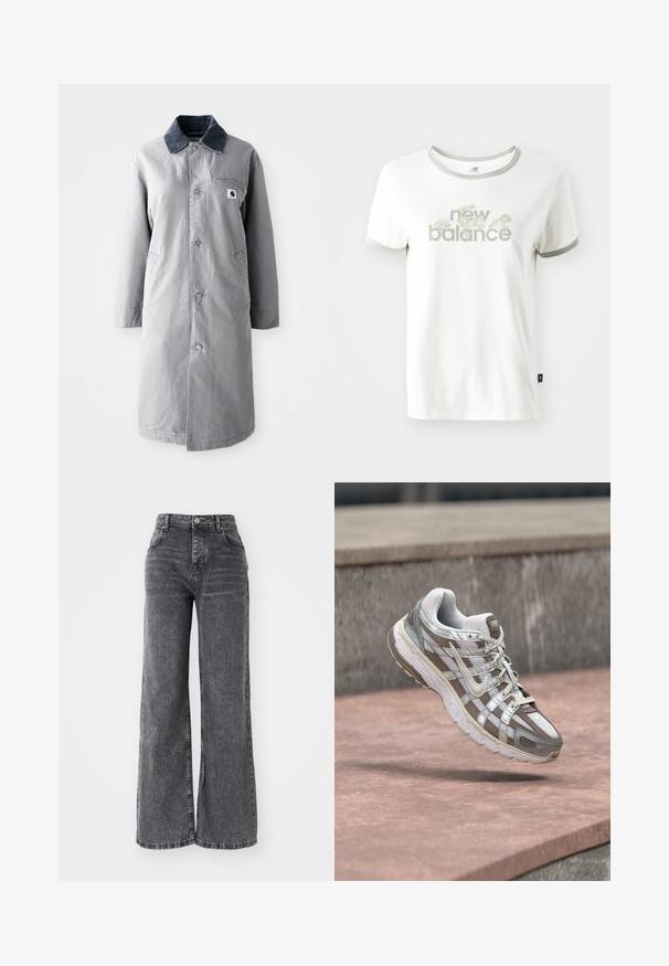 Grå lang frakke lavet af slidstærkt stof med en kord-fløjlskrage, frontknapper, to sidelommer og en brystlomme med et logo-patch.; Hvid bomulds T-shirt med grå kant, der har et blomstermotiv og teksten "new balance" i lys grøn. Korte ærmer, almindelig pasform.; Bredde ben grå denim bukser med høj talje, der har traditionel fem-lomme styling og en subtil falmet finish.; Hvid og grå Nike løbesko svævende over en lyserød betonoverflade med en grå stenmur i baggrunden.