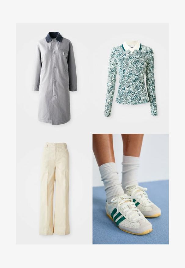 Grijze lange jas van duurzaam materiaal met een corduroy kraag, voorknopsluiting, twee zijzakken en een borstzak met een logo patch.; Een langmouwig, getailleerd shirt met een teal en wit bloemmotief en een witte kraag met teal afwerking op een effen achtergrond.; Beige wijde broek met een hoge taille, gemaakt van een gladde stof en voorzien van keurig gestreken voorplooien, tegen een effen witte achtergrond.; Voeten met witte sneakers met groene strepen en witte geribbelde sokken die op een lichtblauw tapijt staan.