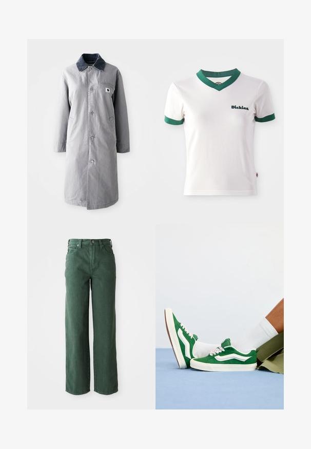 Abrigo largo gris hecho de tela resistente con un collar de pana, botones frontales, dos bolsillos laterales y un bolsillo en el pecho con un parche de logo.; Camiseta de algodón blanca de manga corta con cuello en V y ribetes verdes; cuenta con el logo de "Dickies" en verde oscuro en el lado izquierdo del pecho. Textura de algodón suave.; Vaqueros verdes de pierna ancha hechos de denim. Presentan una cintura alta, piernas rectas, bolsillos frontales y cierre de botón metálico.; Zapatillas de ante verde con acentos blancos, cordones texturizados que presentan detalles en rosa y una suela de goma beige, combinadas con calcetines blancos y pantalones cortos verdes.