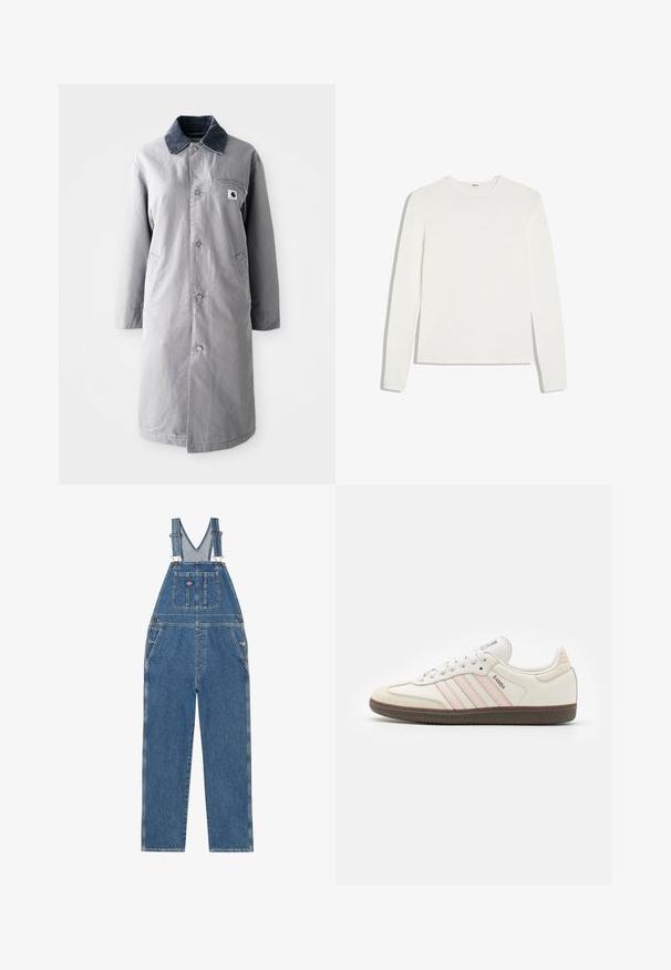 Grijze lange jas van duurzaam materiaal met een corduroy kraag, voorknopsluiting, twee zijzakken en een borstzak met een logo patch.; Effen wit shirt met lange mouwen en ronde hals, slim fit, plat gelegd op een witte achtergrond.; Denim tuinbroek met verstelbare schouderbanden, V-vormige bies, voorzak en zijzakken. Heeft een klassieke blauwe kleur en contrasterende stiksels.; Witte leren sneakers met roze accentstrepen, een rubberen bruine zool en een suède neuskap. Voorzien van veters en een merklabel op de tong.