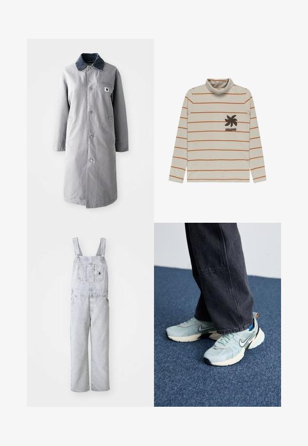 Grå lang frakke lavet af slidstærkt stof med en kord-fløjlskrage, frontknapper, to sidelommer og en brystlomme med et logo-patch.; Cremefarvet langærmet turtleneck bluse med orange horisontale striber og et palmetræsgrafik i mørkebrune nuancer på venstre bryst. Blødt stof.; Grå denim-arbejdsbukser med justerbare stroppper, en frontlomme og sidelommer; løs, lige ben-design; falmet vask med minimal tekstur.; Lyseblå mesh Nike sneakers med struktureret finish, sort swoosh og cremefarvet mellemsål, parret med mørkegrå vide bukser.