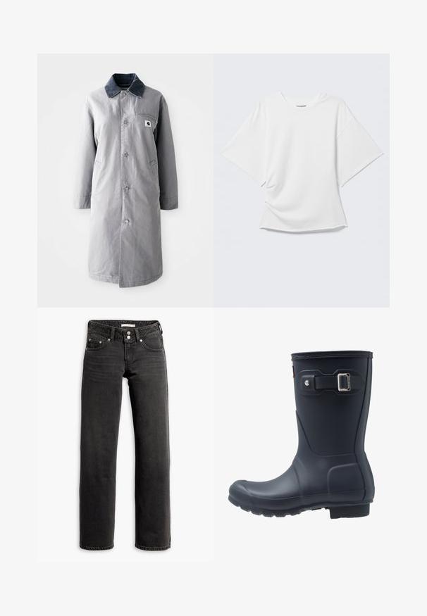 Grå lang frakke lavet af slidstærkt stof med en kord-fløjlskrage, frontknapper, to sidelommer og en brystlomme med et logo-patch.; Hvid oversized T-shirt med korte ærmer og rund hals vist på en lysegrå baggrund.; Sorte straight-leg jeans med for- og baglommer, bæltestropper og dobbeltknaplukning i taljen.; Sort gummistøvle med rund tå, struktureret sål og justerbar remdetalje. Glat overflade med mat finish.