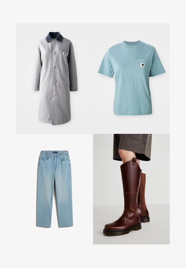 Grijze lange jas van duurzaam materiaal met een corduroy kraag, voorknopsluiting, twee zijzakken en een borstzak met een logo patch.; Lichtblauw katoenen T-shirt met korte mouwen en een borstzak, voorzien van een klein zwart-wit Carhartt logo patch.; Vans CINCHED CHECK - Baggy jeans - light stonewash; Bruine leren kniehoge laarzen met een gladde textuur, stevige zool en een lichte hak. Voorzien van een zijrits en een lus aan de achterkant voor gemakkelijk aantrekken.