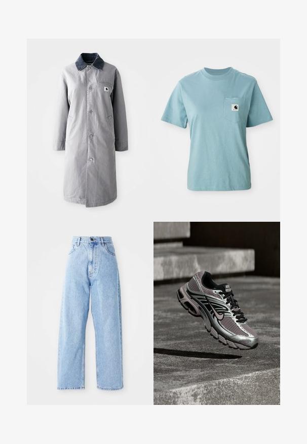Grijze lange jas van duurzaam materiaal met een corduroy kraag, voorknopsluiting, twee zijzakken en een borstzak met een logo patch.; Lichtblauw katoenen T-shirt met korte mouwen en een borstzak, voorzien van een klein zwart-wit Carhartt logo patch.; Hogewaisted lichtblauwe denim jeans met rechte wijde pijpen, voorste knoop, ritssluiting en voor- en achterkant zakken.; Nike Air Max hardloopschoen met zilver-, zwart- en paarse mesh, afgebeeld zwevend boven een betonnen oppervlak en traptreden.