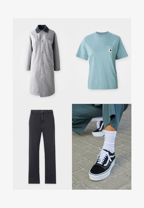 Grå lang frakke lavet af slidstærkt stof med en kord-fløjlskrage, frontknapper, to sidelommer og en brystlomme med et logo-patch.; Lyseblå kortærmet bomulds T-shirt med brystlomme og et lille sort-hvidt Carhartt logo patch.; Straight-leg sorte jeans med forreste knap- og lynlåslukning, bæltestropper og klassisk fem-lommer design, lagt fladt på hvid baggrund.; Sorte ruskinds sneakers med hvide accenter og snørebånd, der har en tyk hvid sål og kontrasterende syninger, parret med en hvid sok.