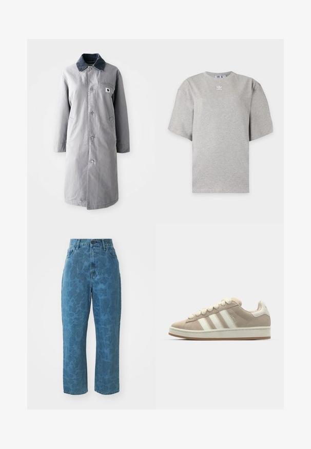 Abrigo largo gris hecho de tela resistente con un collar de pana, botones frontales, dos bolsillos laterales y un bolsillo en el pecho con un parche de logo.; Camiseta Adidas de manga corta color gris claro con cuello redondo y pequeño logo blanco de Adidas en el pecho, mostrada sobre un fondo liso.; Vaqueros de mezclilla azul claro con una textura de patrón sutil, cintura alta y corte recto. Cuenta con un cierre frontal de botón y cremallera.; Zapatillas de ante marrón con rayas y cordones de cuero blanco, suela de goma, cuello acolchado y detalles texturizados en la parte superior.