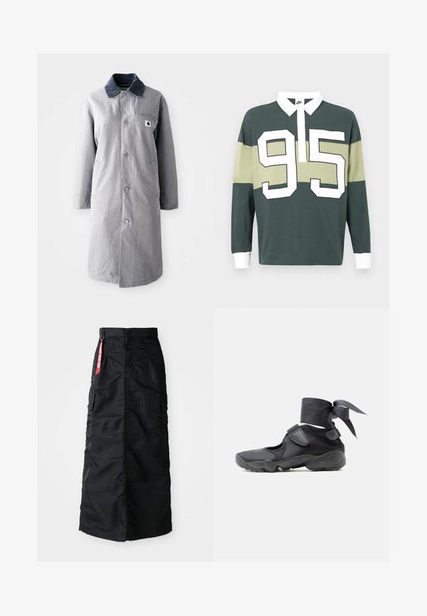 Abrigo largo gris hecho de tela resistente con un collar de pana, botones frontales, dos bolsillos laterales y un bolsillo en el pecho con un parche de logo.; Polo de manga larga en verde oscuro y beige, con cuello blanco y un gran número blanco "95" en el frente. Textura de mezcla de algodón.; Falda larga negra con botones y cremallera en el frente, bolsillos laterales tipo cargo y una etiqueta de tela roja "Retirar antes del vuelo" en la cinturilla.; Zapatilla deportiva negra con aberturas, correas de velcro y envoltura en el tobillo atada en un lazo, vista lateral sobre un fondo blanco.