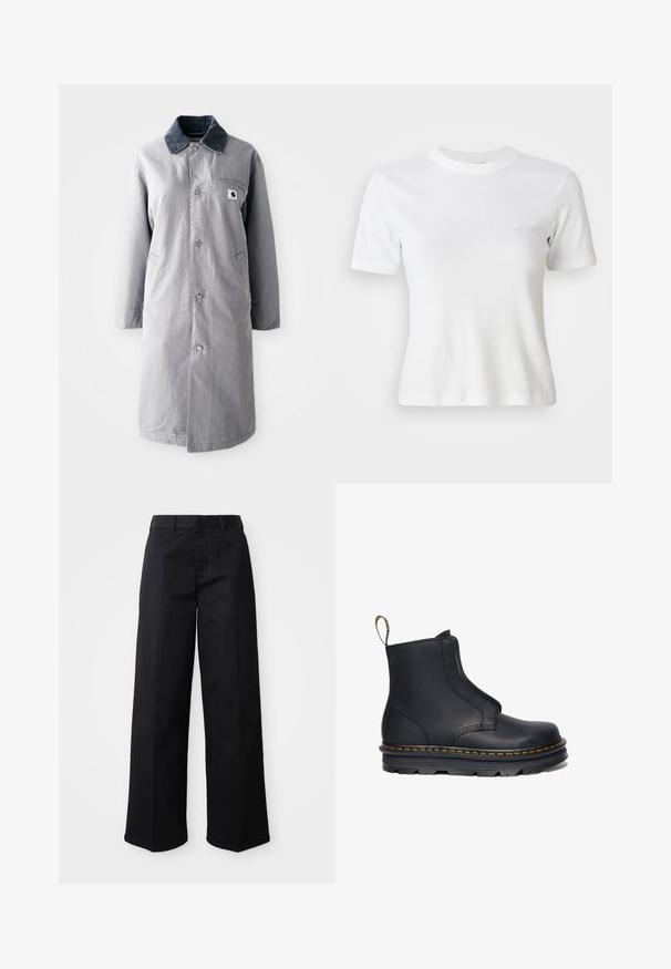 Grau langer Mantel aus strapazierfähigem Stoff mit einem Cordkragen, Vorderknöpfen, zwei Seitentaschen und einer Brusttasche mit einem Logo-Patch.; Weiße, gerippte Kurzarm-T-Shirt mit Rundhalsausschnitt und kleinem Logo auf der Brust. Aus weichem Stoff gefertigt mit taillierter Passform.; Schwarze, weit geschnittene Hose aus weichem Baumwollstoff. Verfügt über einen klassischen Bund, seitliche Taschen und einen geraden Schnitt bis zum Saum.; Schwarze Leder-Stiefelette mit elastischen seitlichen Einsätzen, runder Zehenform, kontrastierenden gelben Nähten und einer robusten Gummisohle.