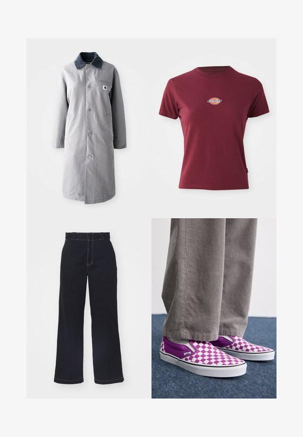 Grijze lange jas van duurzaam materiaal met een corduroy kraag, voorknopsluiting, twee zijzakken en een borstzak met een logo patch.; Bordeauxkleurig T-shirt met korte mouwen, gemaakt van katoen, met een ronde hals en een klein multicolore 'Dickies' logo op de borst.; Donkerblauwe wijde broek van katoen met een hoge taille, met contrasterende witte stiksels en een schone, eenvoudige uitstraling.; Paarse en witte schaakbord slip-on Vans schoenen, met een glad oppervlak en contrasterende zwarte rand, gecombineerd met een grijze corduroy broek.