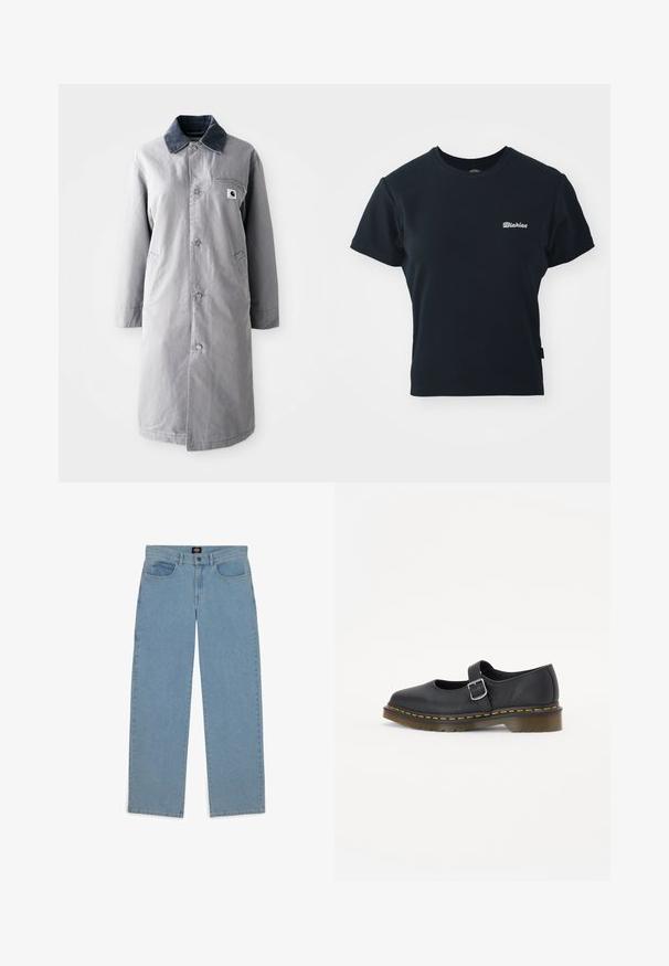 Grijze lange jas van duurzaam materiaal met een corduroy kraag, voorknopsluiting, twee zijzakken en een borstzak met een logo patch.; Zwart katoenen t-shirt met korte mouwen, ronde halslijn en klein wit geborduurd logo op de borst. Klassiek, getailleerd ontwerp.; Lichtblauwe jeans, losse pasvorm, denim stof, vijf-pocket ontwerp, knoopsluiting, rechte pijpen, zichtbare stiksels, geen patronen of accenten.; Zwarte leren Mary Jane schoenen met een ronde neus, verstelbare gesp, gele stiksels en een stevige bruine rubberen zool.