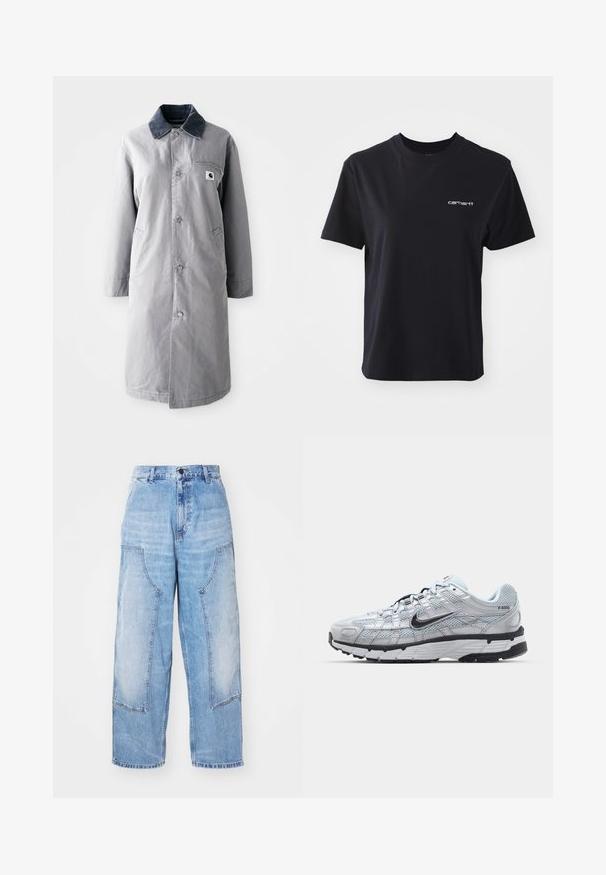 Grå lang frakke lavet af slidstærkt stof med en kord-fløjlskrage, frontknapper, to sidelommer og en brystlomme med et logo-patch.; Sort bomulds T-shirt med rund hals, korte ærmer og hvid "carhartt" logo på venstre bryst. Glat tekstur, standard pasform.; Lysblå denim bredbenede bukser med to store forlommer, en knaplukning og subtil falming. Syninger på lommedetaljerne.; Nike P-6000 sneakers med en lys grå mesh overdel, sorte accenter og en holdbar sort gummisål. Har et detaljeret design og snøresystem.