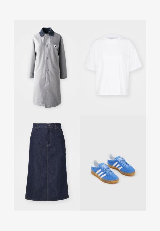 Manteau long gris en tissu résistant avec un col en velours côtelé, des boutons devant, deux poches latérales et une poche poitrine avec un patch logo.; T-shirt en coton blanc avec un col rond, des manches courtes et une coupe décontractée. Présente un logo discret sur la zone gauche de la poitrine. Texture lisse.; Jupe en denim foncé à taille haute, coupe droite, poches avant et coutures surpiquées. Fermeture à glissière et bouton à la taille.; Baskets en cuir suédé bleu avec des accents rayés blancs, semelle en caoutchouc et col rembourré pour plus de confort. Présente un design classique à lacets.