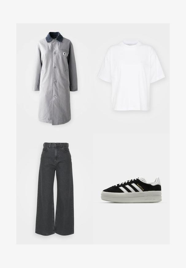 Abrigo largo gris hecho de tela resistente con un collar de pana, botones frontales, dos bolsillos laterales y un bolsillo en el pecho con un parche de logo.; Camiseta de algodón blanca con cuello redondo, mangas cortas y un corte relajado. Presenta un logo sutil en el área del pecho izquierdo. Textura suave.; Jeans de tiro alto y pierna ancha en denim gris oscuro. Diseño clásico con un corte recto, que incluye trabillas para cinturón y bolsillos frontales.; Zapatillas negras de ante con detalles en cuero blanco, tres rayas blancas, cordones planos y una gruesa suela de plataforma gris. Marca "Gazelle" en dorado.