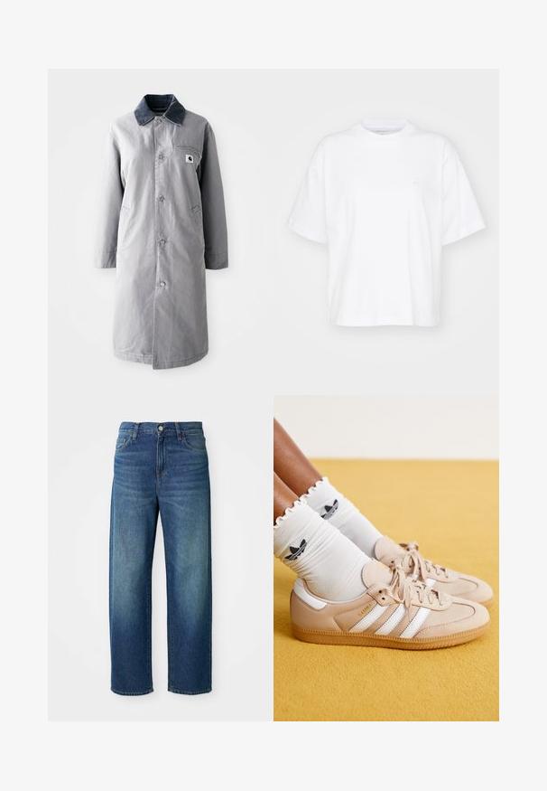 Grå lang frakke lavet af slidstærkt stof med en kord-fløjlskrage, frontknapper, to sidelommer og en brystlomme med et logo-patch.; Hvid bomulds t-shirt med rund hals, korte ærmer og en afslappet pasform. Har et diskret logo på venstre brystområde. Glat tekstur.; Blå denim jeans, vid benvidde design, mellemhøj talje, subtil fading, fem-lomme stil, med knap- og lynlåslukning, lige kant.; Beige lædersneakers med hvide striber og guld branding, parret med hvide rynkede sokker med et sort logo. Tekstureret gummisål.