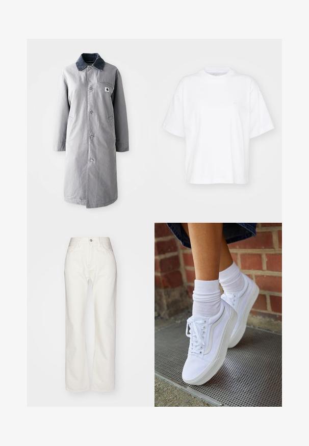 Grau langer Mantel aus strapazierfähigem Stoff mit einem Cordkragen, Vorderknöpfen, zwei Seitentaschen und einer Brusttasche mit einem Logo-Patch.; Weißes Baumwoll-T-Shirt mit Rundhalsausschnitt, kurzen Ärmeln und lockerer Passform. Verfügt über ein dezentes Logo auf der linken Brustseite. Glatte Textur.; Weiße Denim-Hosen mit hoher Taille und weit geschnittenem Bein. Mit einem Knopf- und Reißverschluss, Gürtelschlaufen und dezenten Nähten.; Weiße Leinensneaker mit Gummisohlen, ausgestattet mit sechs Ösen, runder Zehenpartie und dezenten Nähten, kombiniert mit weißen Knöchelsocken.