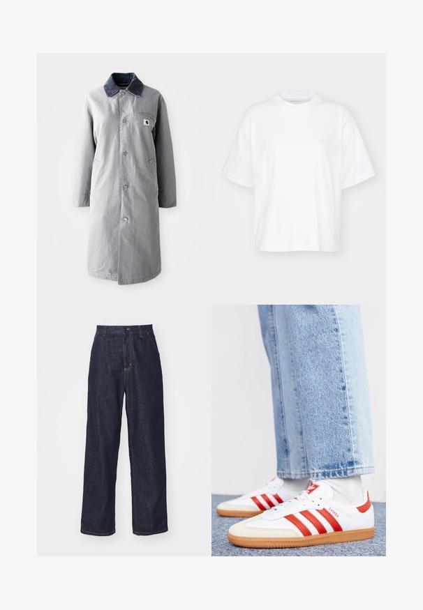 Manteau long gris en tissu résistant avec un col en velours côtelé, des boutons devant, deux poches latérales et une poche poitrine avec un patch logo.; T-shirt en coton blanc avec un col rond, des manches courtes et une coupe décontractée. Présente un logo discret sur la zone gauche de la poitrine. Texture lisse.; Jeans en denim droit bleu foncé avec passants de ceinture, bouton avant et poches latérales sur fond blanc.; Baskets en cuir blanc avec des rayures et des accents rouges. Dotées d'une semelle extérieure en gomme texturée et d'un col rembourré. Portées avec un jean en denim bleu clair.
