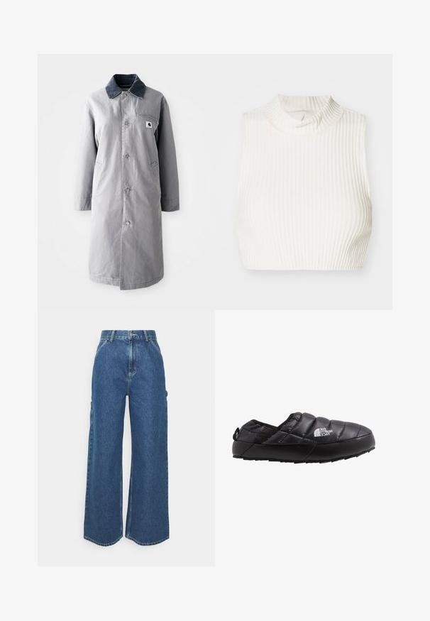 Grå lang frakke lavet af slidstærkt stof med en kord-fløjlskrage, frontknapper, to sidelommer og en brystlomme med et logo-patch.; Hvid ribbet ærmeløs cropped top med høj hals og subtil knapdetalje ved kraven, lavet af et glat, strækbart stof.; Bredde ben blå denimbukser med høj talje, kontrastsyede sømme og sidelommer, med et klassisk fem-lomme design og rå kanter.; Sort isoleret slip-on sko med quiltet overdel, gummisål og strukturel detaljering. Har en hæltrækstrop og branding på siden.