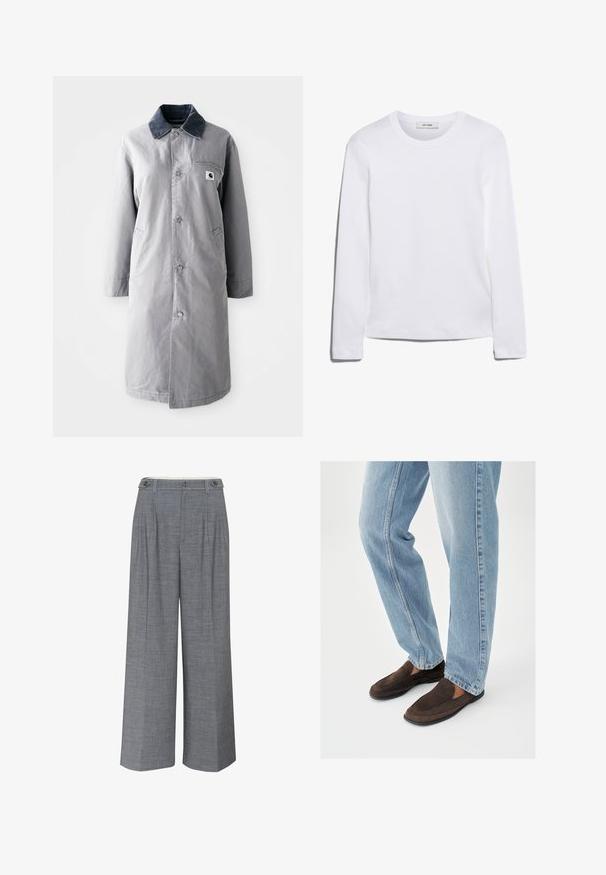 Abrigo largo gris hecho de tela resistente con un collar de pana, botones frontales, dos bolsillos laterales y un bolsillo en el pecho con un parche de logo.; Camiseta de manga larga blanca hecha de algodón acanalado, con un cuello redondo y un dobladillo recto. Diseño simple sin patrones ni acentos.; Pantalones de pierna ancha gris, confeccionados en un tejido texturizado, con un cierre de doble botón y pliegues frontales que añaden un detalle de diseño adicional.; Zapatos marrón de ante tipo slip-on con una textura suave, que presentan una puntera redondeada y costuras mínimas, combinados con jeans de mezclilla azul claro.