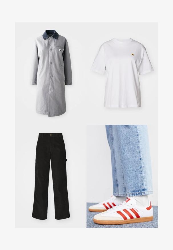 Abrigo largo gris hecho de tela resistente con un collar de pana, botones frontales, dos bolsillos laterales y un bolsillo en el pecho con un parche de logo.; Camisa de algodón blanca con corte relajado, mangas cortas y un pequeño logotipo bordado en el área del pecho izquierdo.; Pantalones de pana negros con un diseño de pierna recta, que presentan un cierre de botón y bolsillo lateral. Textura suave con finas rayas verticales.; Zapatillas de cuero blancas con rayas y detalles rojos. Cuentan con una suela de goma texturizada y un collar acolchado. Llevadas con denim azul claro.