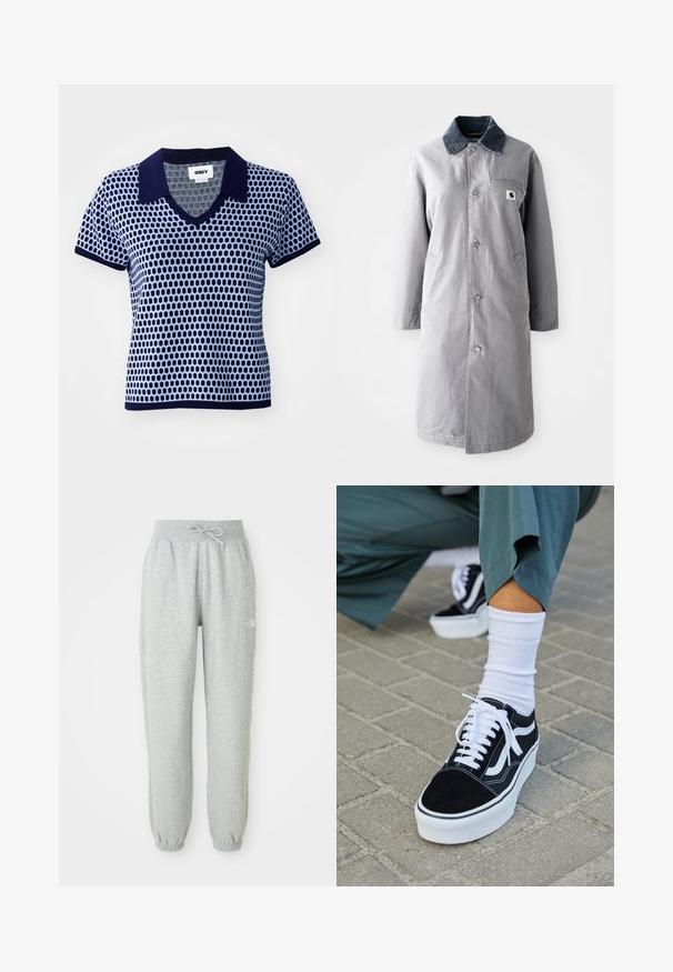 Hallikate pikk jakk, mis on valmistatud vastupidavast kangast ja millel on korduroo krae, esiklahvid, kaks küljetaskut ja üks rinnatasku, millel on logopatch.; Sinine ja tumesinine lühikeste varrukatega polo, millel on V-kaelus, tekstuuriga geomeetriline muster ning ühetooniline tumesinine krae ja mansetid.; Hallid hallid dressipüksid elastse vöökoha ja nööriga. Kangas on pehme, millel on elastsed mansetid pahkluude juures ja logo aktsent.; Mustjad sametist tennisjalanõud valgete aktsentide ja nööridega, millel on paks valge tald ja kontrastsed õmblused, koos valge sokiga.