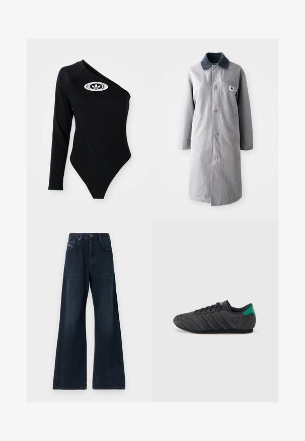 Hallikate pikk jakk, mis on valmistatud vastupidavast kangast ja millel on korduroo krae, esiklahvid, kaks küljetaskut ja üks rinnatasku, millel on logopatch.; Mustem pikad varrukad bodysuit ühe õla kujundusega, ribakujuline tekstuur ja valge Adidas logo rinnal. Kehasse liibuv vorm ja minimaalsed aktsendid.; Laiade säärtega tumesinised teksapüksid keskmise kõrgusega vöökohaga, ees taskud, peened vanutuse detailid ja puhas ääreviimistlus. Varustatud metallist nööbi kinnitusega.; Must madala profiiliga tennisejalanõu õrna lillemustriga, mustade paelte, rohelise kontsapleki ja kuldse logoga keelel ja kannal.