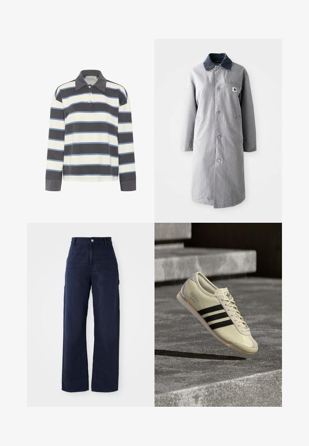 Abrigo largo gris hecho de tela resistente con un collar de pana, botones frontales, dos bolsillos laterales y un bolsillo en el pecho con un parche de logo.; Polo de manga larga en rayas horizontales de color azul marino y blanco con acentos en azul claro. Presenta un cuello con solapa y una tapeta de tres botones.; Pantalones cargo de pierna ancha en azul marino, confeccionados con una tela de algodón resistente, que incluyen bolsillos laterales y cierre de botón en la cintura.; Zapatilla Adidas Italia en cuero crema con rayas negras, puntera redondeada y detalles en el talón de color gris claro sobre una superficie gris texturizada.