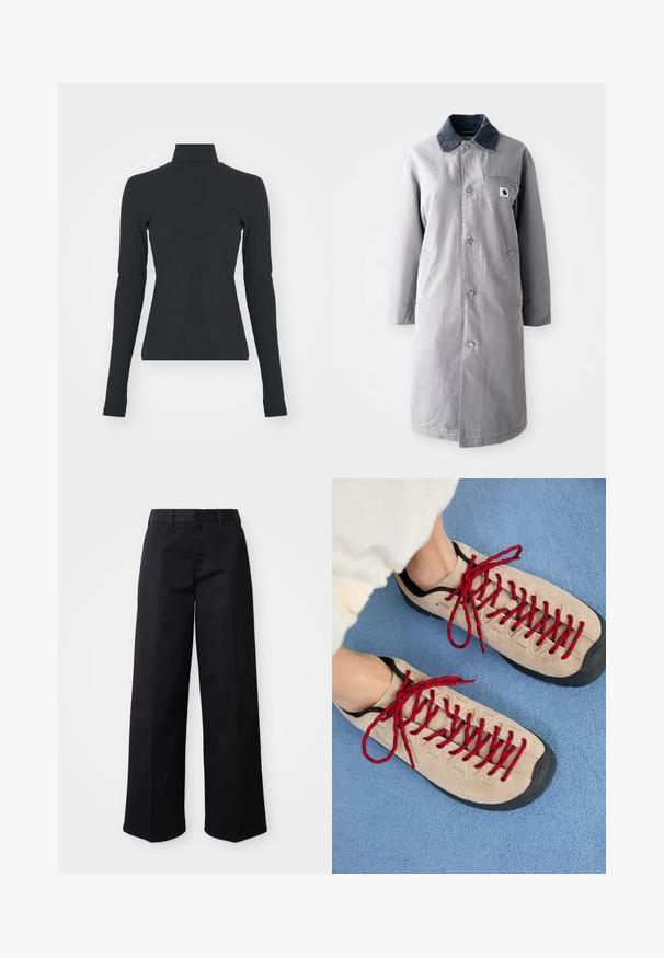 Grå lang frakke lavet af slidstærkt stof med en kord-fløjlskrage, frontknapper, to sidelommer og en brystlomme med et logo-patch.; Sort ribbet turtle neck bluse med lange ærmer, tætsiddende pasform, glat tekstur og subtil stræk, designet til komfort og lagdeling.; Sorte brede bukser lavet af blødt bomuldsstof. Har en klassisk talje, sidelommer og en lige skæring til kanten.; Beige sko med røde snørebånd, placeret på en blå tekstureret overflade, delvist synliggørende en persons ankel. Skoene har et sporty design.