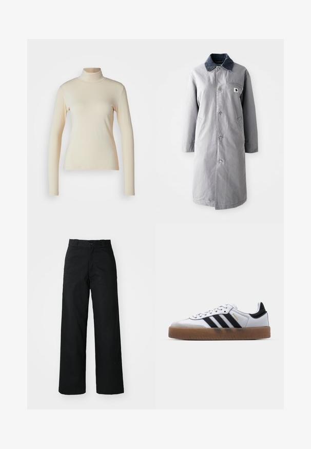 Abrigo largo gris hecho de tela resistente con un collar de pana, botones frontales, dos bolsillos laterales y un bolsillo en el pecho con un parche de logo.; Top de manga larga de color crema con cuello alto, hecho de una tela suave y elástica; diseño ajustado con cuello alto y sin patrones o acentos visibles.; Pantalones de pierna ancha negros con un frente plano, cierre de botón y pasadores para cinturón. Hechos de una tela duradera con una textura suave.; Zapatillas de cuero blancas con rayas negras, suela de goma, puntera redonda, cierre de cordones y caperuza de ante gris suave.