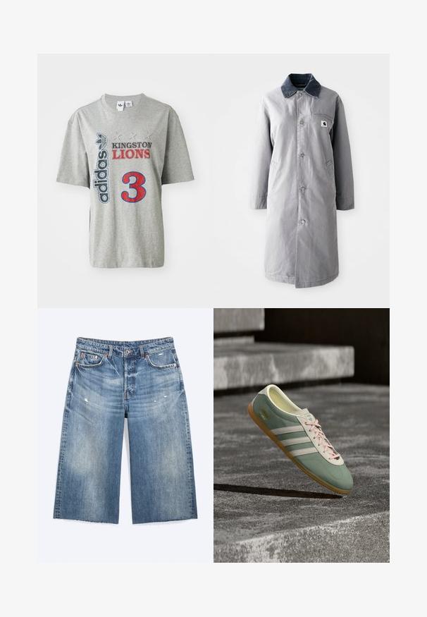 Manteau long gris en tissu résistant avec un col en velours côtelé, des boutons devant, deux poches latérales et une poche poitrine avec un patch logo.; T-shirt en coton gris présentant le logo "adidas", le texte "KINGSTON LIONS" en rouge et noir, et un grand graphique rouge "3" à l'avant. Manches courtes.; Short en denim bleu longueur genou avec légère usure, poches avant, passants de ceinture et fermeture par bouton.; Baskets Adidas Gazelle vertes et blanches avec des lacets roses flottant au-dessus de marches en béton sous une lumière naturelle.