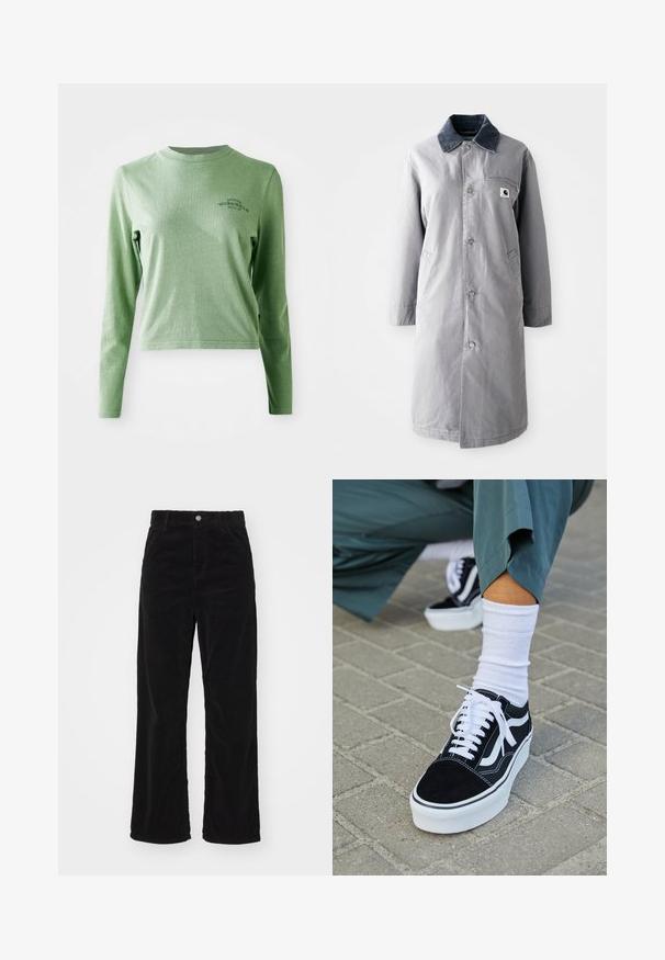 Grijze lange jas van duurzaam materiaal met een corduroy kraag, voorknopsluiting, twee zijzakken en een borstzak met een logo patch.; Lichtgroene longsleeve t-shirt van zacht katoen, met een ronde hals en een klein bedrukt logo aan de bovenlinkerzijde.; Zwarte corduroy wijde broek met een hoge taille, voorzien van een voospan knoop- en ritssluiting, en een verticale ribstructuur overal.; Zwarte suède sneaker met witte accenten en veters, uitgerust met een dikke witte zool en contrasterende stiksels, gecombineerd met een witte sok.