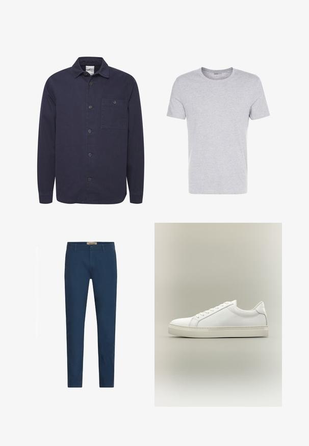Marineblå skjorte med knapper lavet af slidstærkt stof. Har en spread krave, lange ærmer og en brystlomme. Glat tekstur, klassisk design.; Grå bomulds T-shirt med rund hals, korte ærmer og et enkelt design, som har en blød, glat tekstur uden synlige mønstre eller udsmykninger.; Marineblå slim-fit herrebukser med bælteløkker, frontlukning med knap og sidelommer, præsenteret mod en hvid baggrund.; Hvid lavtop sneaker med snørebånd foran og tyk sål, vist fra siden mod en neutral baggrund.