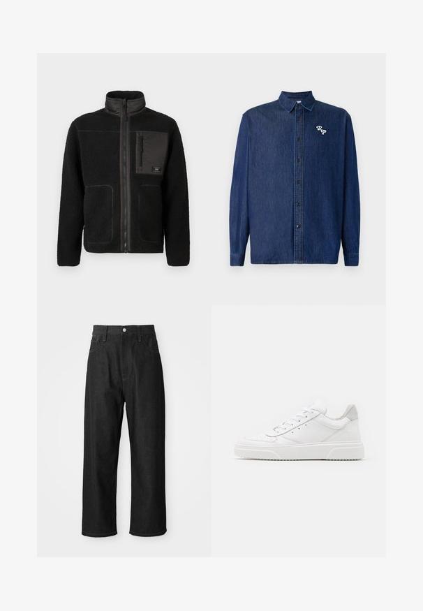 Schwarze Fleecejacke mit durchgehendem Reißverschluss, hohem Kragen, zwei unteren Taschen und einer Brusttasche mit Reißverschluss und einem kleinen Etikett.; Dunkelblaues Denimhemd mit durchgehendem Knopfleisten, langen Ärmeln und spitzem Kragen. Verfügt über ein weiß gesticktes "RP"-Logo.; Schwarze Jeanshose mit relaxtem Schnitt, hohem Bund, Reißverschluss und Fünf-Taschen-Design. Sichtbare Nähte setzen Akzente.; Weiße Leder-Sneaker mit glatter Oberfläche, rundem Zehenbereich, flachen Schnürsenkeln und strukturiertem Schuhsohlen. Graues Wildleder-Detail an der Ferse.