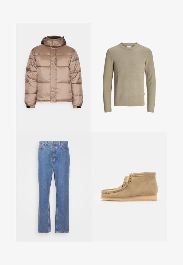 Redefined Rebel DAMIEN JACKET - Vinterjakker - walnut; Beige ribbet striktrøje med rund halsudskæring og lange ærmer. Minimalistisk design, tekstureret stof og et lille mærke på siden.; Blå denimjeans med lige pasform, fem lomme-design, bæltestropper og knaplukning. Stoffet har en blød, struktureret finish.; Beige suedestøvler til anklerne med rund tå, flad sål og et simpelt snøredesign. Inkluderer synlige syninger og en glat tekstur.