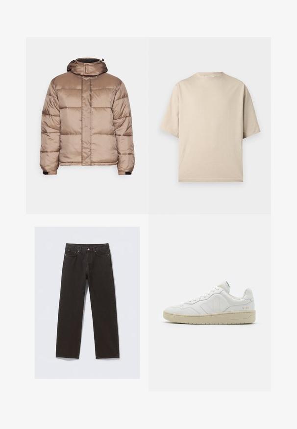 Redefined Rebel DAMIEN JACKET - Vinterjakker - walnut; Beige kortærmet T-shirt med rund hals og afslappet pasform vist på en ensfarvet hvid baggrund.; Svarte denimjeans med straight-leg design, fem lommer og kobberfarvet syning. Glat tekstur, klassisk knaplukning i taljen.; Hvide lædersneakers med struktureret overflade og polstret krave. Har en beige gummisål og diskret branding på hælen og siden.
