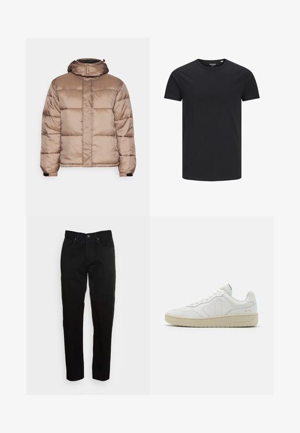 Redefined Rebel DAMIEN JACKET - Zimná bunda - walnut; Čierne bavlnené tričko s okrúhlym výstrihom, krátkymi rukávmi a jednoduchým dizajnom. Hladký povrch, bez vzorov alebo viditeľného hardvéru.; Čierne slim-fit džínsy s predným zapínaním na gombík a dizajnom s piatimi vreckami, vystavené na jednoduchej svetlosivej background.; Biele kožené tenisky s textúrovaným povrchom a polstrovaným golierom. Majú béžovú gumovú podrážku a diskrétne značenie na päte a boku.