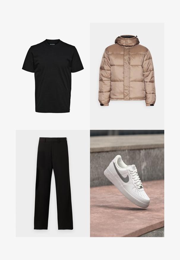 Redefined Rebel DAMIEN JACKET - Zimná bunda - walnut; Jednoduché čierne tričko s krátkym rukávom, okrúhlym výstrihom a pravidelným strihom bez viditeľných vzorov alebo log.; Čierne nohavice rovného strihu s pútkami na opasok a postrannými vreckami na jednoduchom bielom pozadí.; Biela teniska Nike Air Force 1 so sivým logom swoosh, ktorá visí nad kamenným povrchom a sivou kamennou stenou v pozadí.