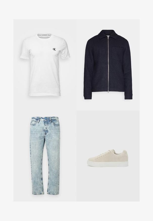 Dunkelblaues Jackett aus strukturiertem Stoff mit einem Frontreißverschluss, Kragen und einer linken Brusttasche. Lange Ärmel mit Manschetten.; Weißes T-Shirt mit kurzen Ärmeln und Rundhalsausschnitt mit kleinem schwarzem "CK"-Logo auf der linken Brust, Marke Calvin Klein Jeans, Größe Medium.; Hellblaue Jeans aus Denim mit geradem Bein, ausgewaschenem Look, klassischem Fünf-Taschen-Design und Knopfverschluss.; Beige Sneaker in niedriger Ausführung mit Schnürung vorne und dicker weißer Gummisohle vor schlichtem hellgrauem Hintergrund.