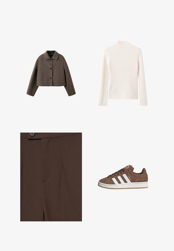Bruine cropped wollen jas met lange mouwen, drie knopen aan de voorkant en een puntige kraag.; Geribbelde coltrui in off-white, gemaakt van zachte gebreide stof. Heeft lange mouwen en een aansluitend silhouet.; Close-up van donkerbruine op maat gemaakte broek met bovenaan een zichtbare knoop en tailleband.; Bruine suède sneaker met witte leren strepen, rubberen zool, ronde neus en vetersluiting. Kenmerkt zich door een logo op de tong en geperforeerde accenten.