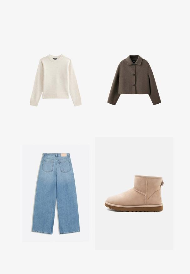 Veste courte en laine marron avec manches longues, trois boutons devant et un col pointu.; Pull en tricot beige clair avec un col rond côtelé et un ourlet, doté de manches longues et d'une silhouette décontractée. Texture douce et design minimal.; Jean denim bleu clair à jambes larges avec deux poches arrière et une petite étiquette de marque beige sur la ceinture.; Bottine en daim beige à bout arrondi, avec des accents cousus et une semelle en caoutchouc brun texturé. Elle se distingue par une languette à l'arrière.
