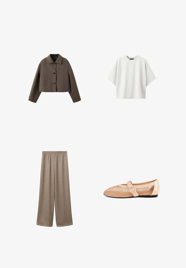 Veste courte en laine marron avec manches longues, trois boutons devant et un col pointu.; Chemise blanche unie oversize à manches courtes avec un col rond et une couture verticale centrale sur un fond blanc uni.; Pantalon beige à jambes larges avec fines rayures verticales, taille élastique et coupe ample s'étendant jusqu'aux chevilles.; Ballerine en mesh beige avec une bride à boucle circulaire. Présente un dessus en mesh texturé et une finition laquée lisse au niveau du talon.
